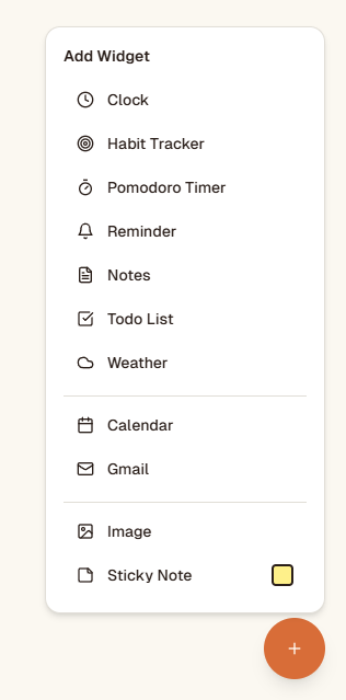 Widget menu showing available widgets to add: Clock, Habit Tracker, Pomodoro Timer, and more