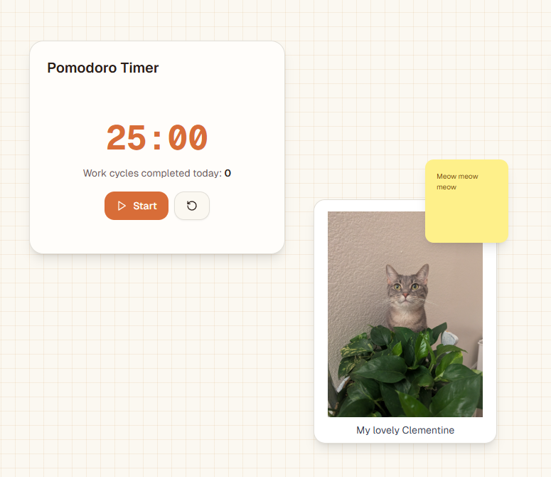 Widgets arranged on a smart grid layout with a Pomodoro timer and cat image polaroid