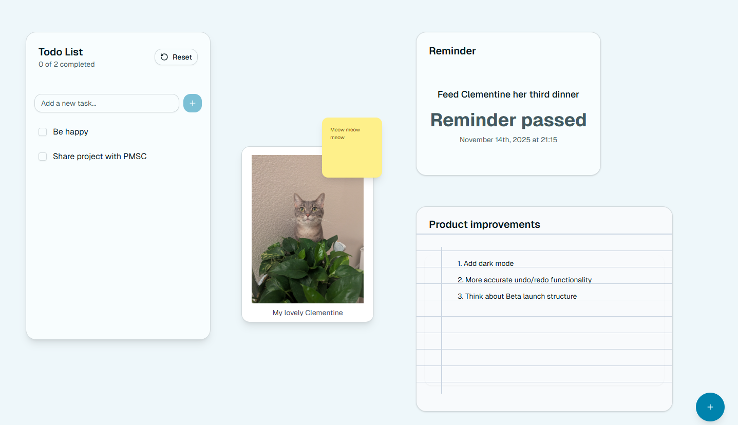 Purrductivity dashboard showing todo list, pomodoro timer, image widget, reminder, and notes